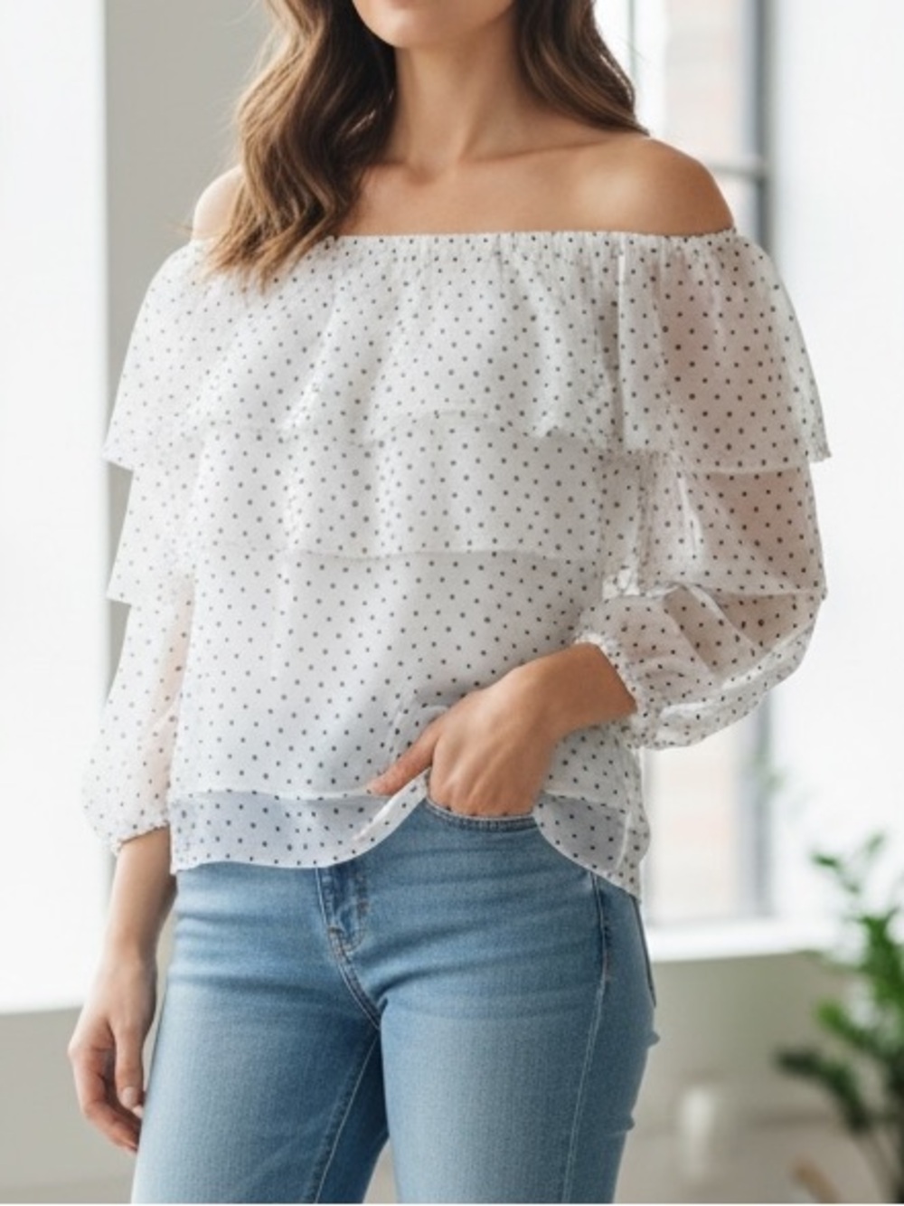Maje Women's Blouse Size 3 Off The Shoulder Polka Dot Print
